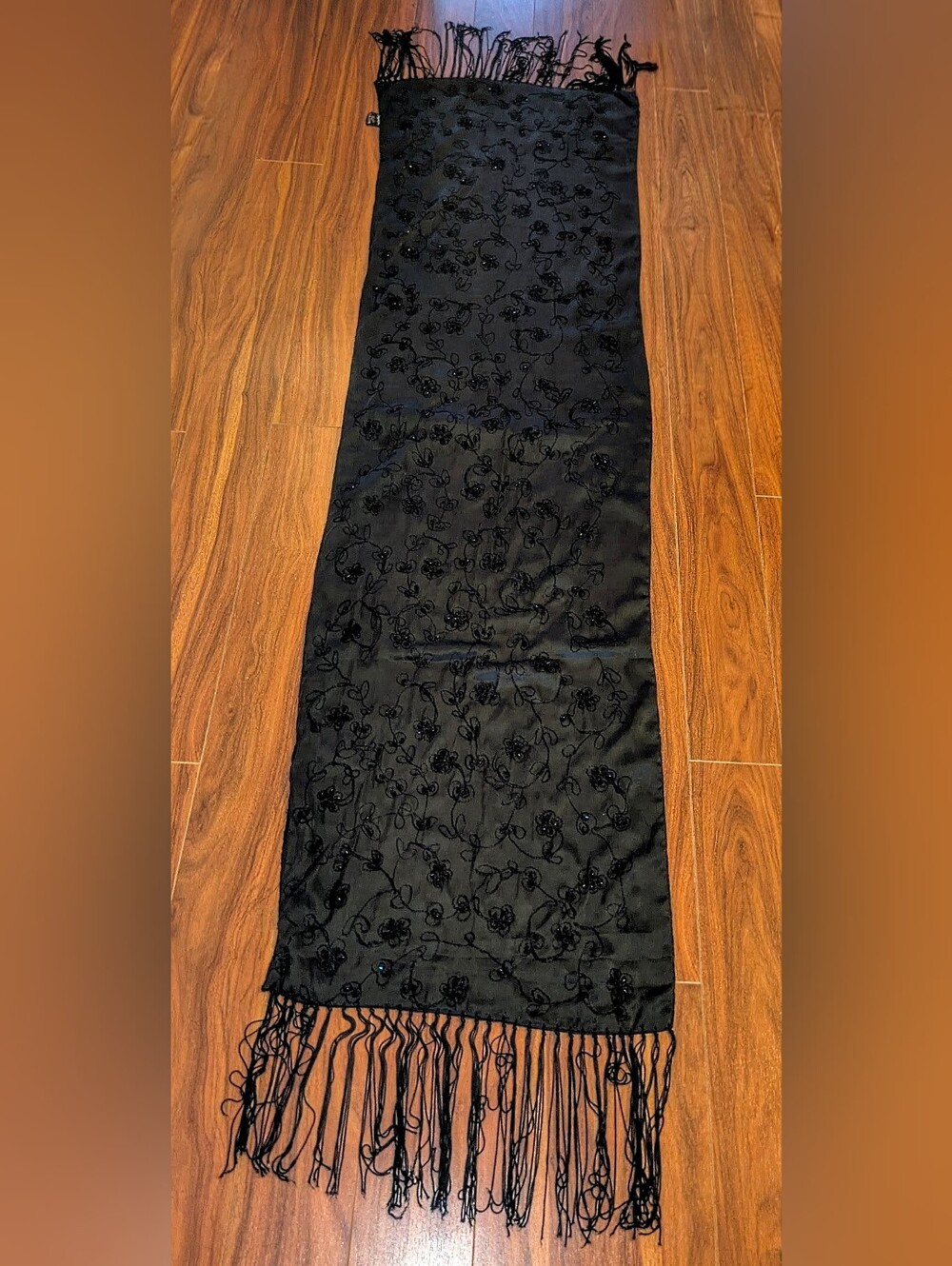 Black Floral Embroidered Fringe Scarf